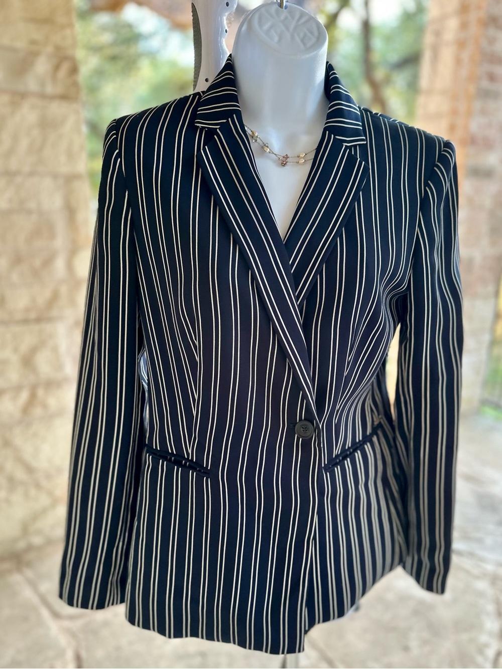 DKNY Navy and White Pinstripe Single-Button Blazer